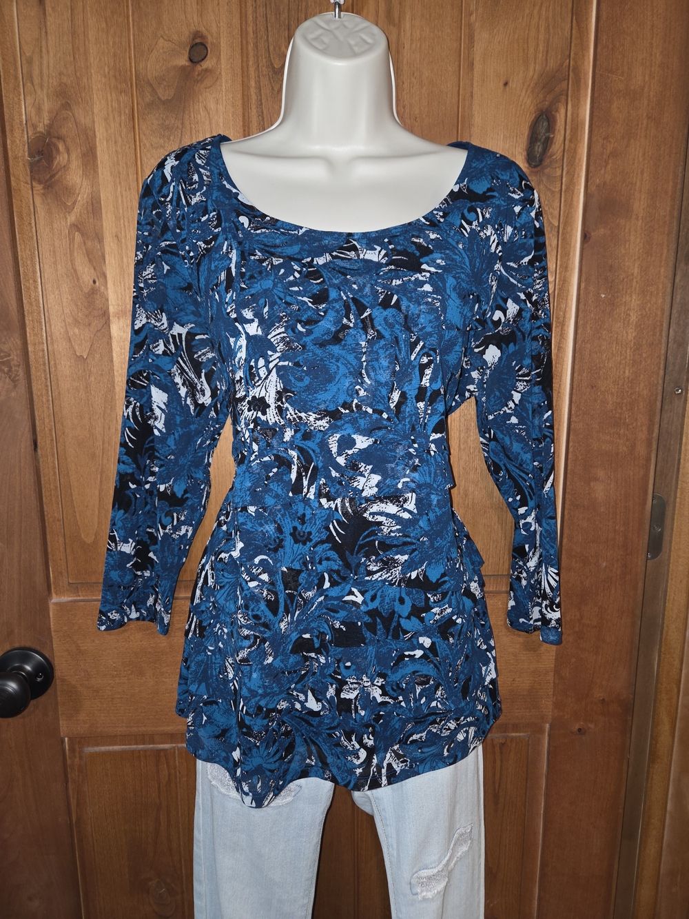 Alfani Teal Blue Floral Scoop Neck 3/4 Sleeve Blouse